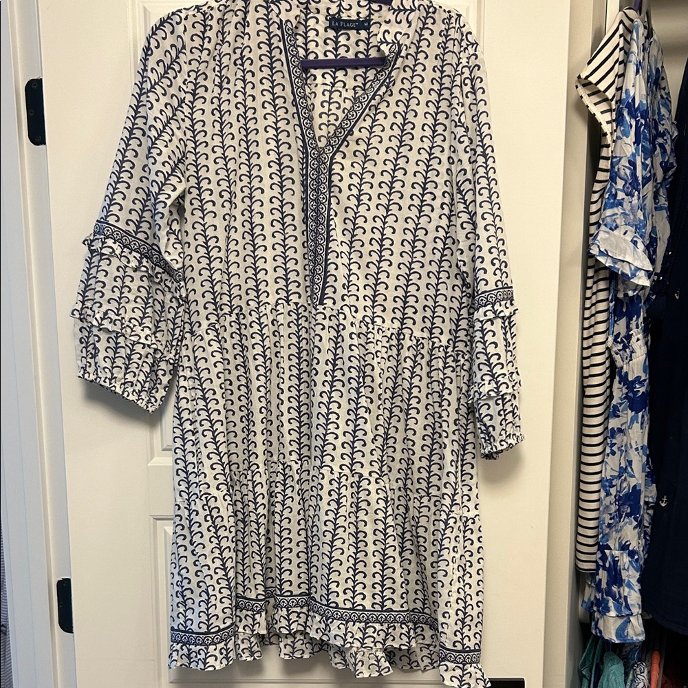 La Plage White and Blue Patterned Blouse